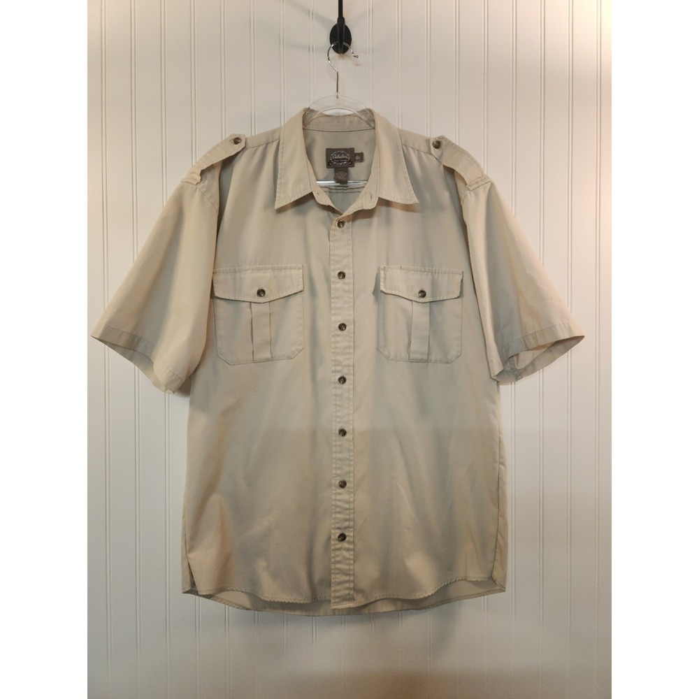 Cabela's Safari Shirt Men Beige Short Sleeve Button-Up Shirt Size L Tall‎ Rugged
